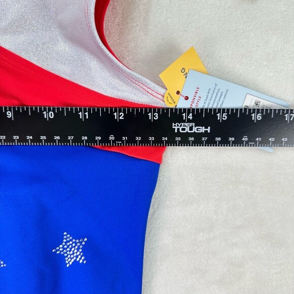 NWT Girls Red Wt Blue Star Embellished Sleeveless Asymmetric Flag Leotard XL14 - Picture 5 of 10
